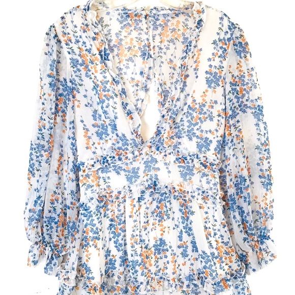 Blue and White Semi Sheer Floral Print Dress - Picture 2 of 15